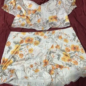 Floral Wrap Skort Set - White and Yellow